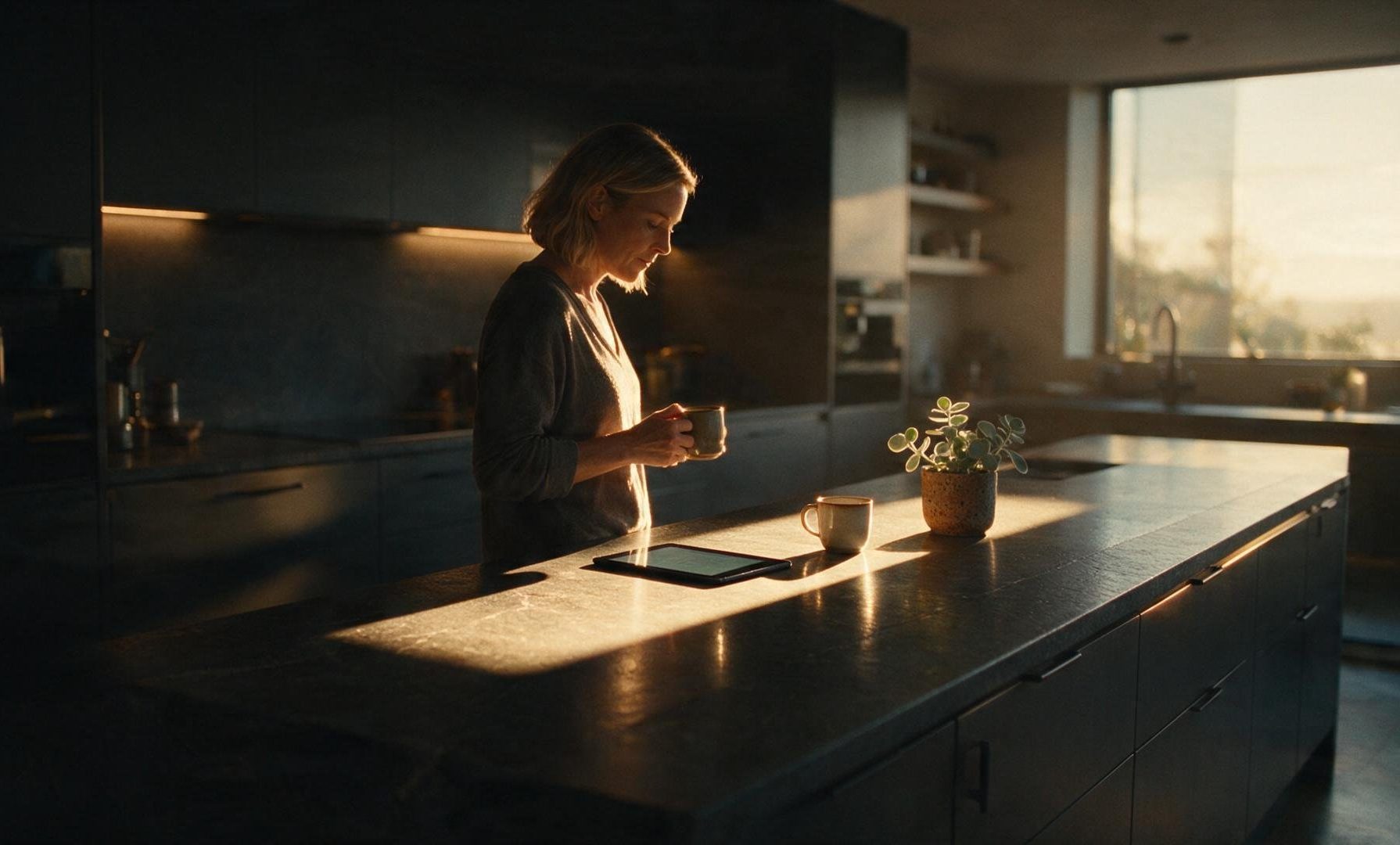 Early light across a kitchen counter, a cup of coffee and a tablet